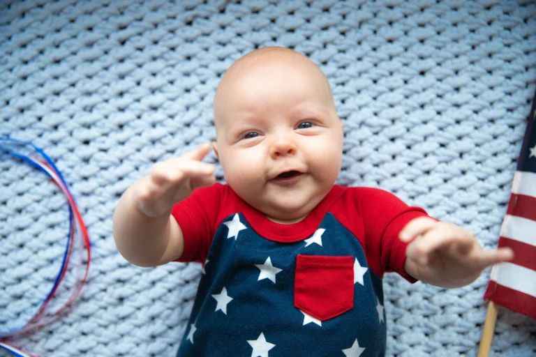 Festive collection of baby names inspired by the Fourth of July, featuring patriotic, celebratory, and Americana-themed ideas in a vibrant list